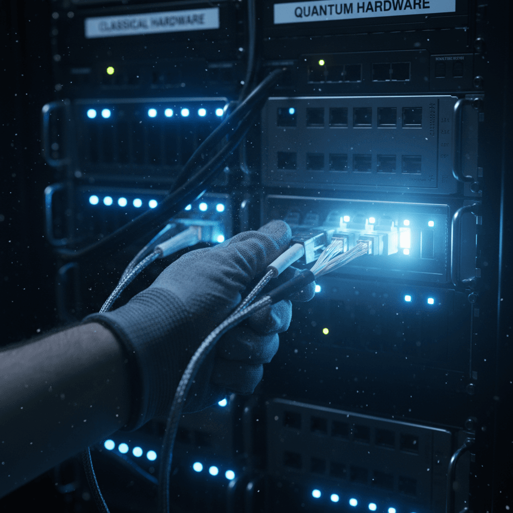 Technician connecting cable in server rack